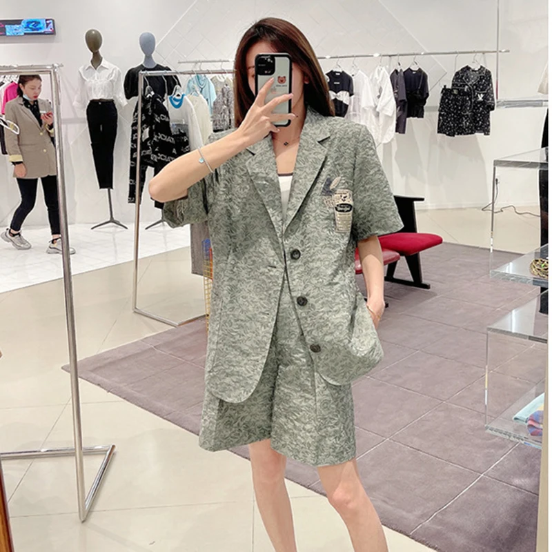 

DEAT 2021 New Spring Autumn Fashion Casual Short Sleeve Loose Button Blazer Temperament Slim Shorts Two Piece Set Women SK574