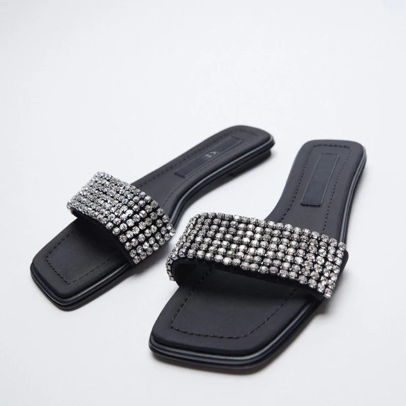 

Zar a Woman 2021 Flat Shoes Spring Summer New Sexy Rhinestone Fashion Square Toe Flat-Heeled Beach Sandals For Women Plus Size