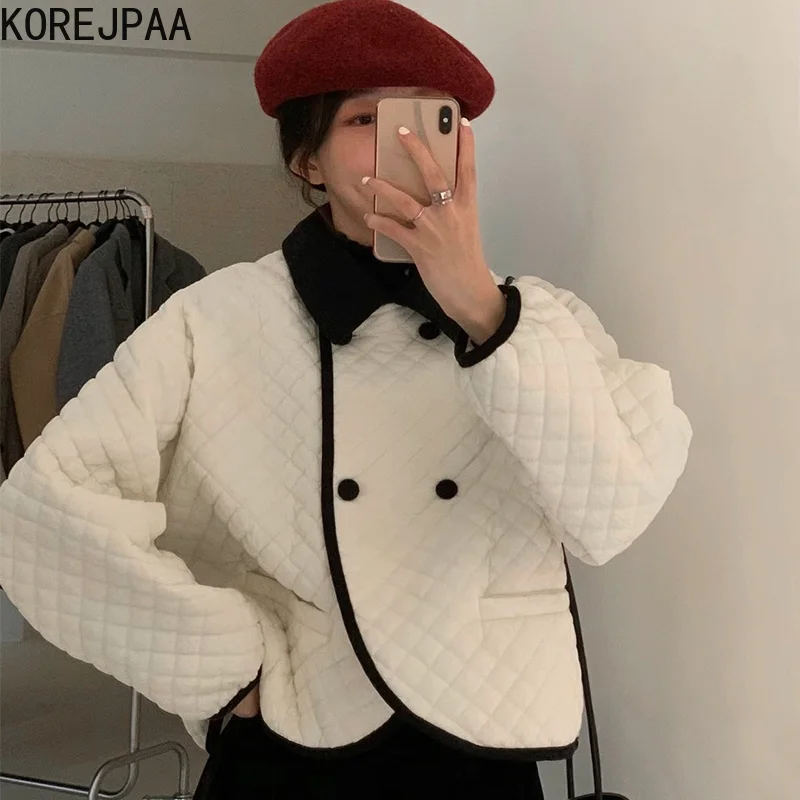 

Korejpaa Elegant Women Winter Parka Chic French Retro Turn-down Collar Double-breasted Diamond Plaid Short Warm Coat Fashion
