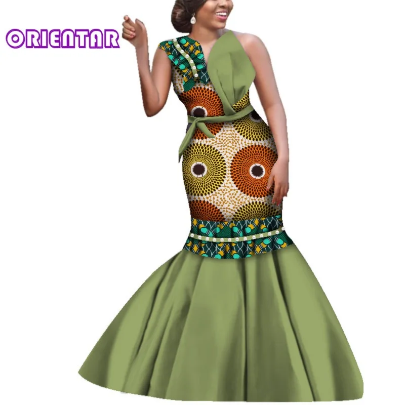 New 2019 African Dresses for Women African Wax Print One-Shoulder Party Mermaid Dress Elegant Lady African Maxi Ball Gown WY3969