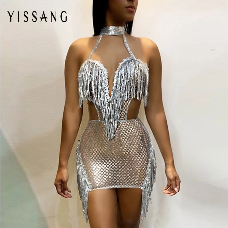 Yissang выполненная в технике пэчворк с бахромой пикантные Сетчатое платье Для