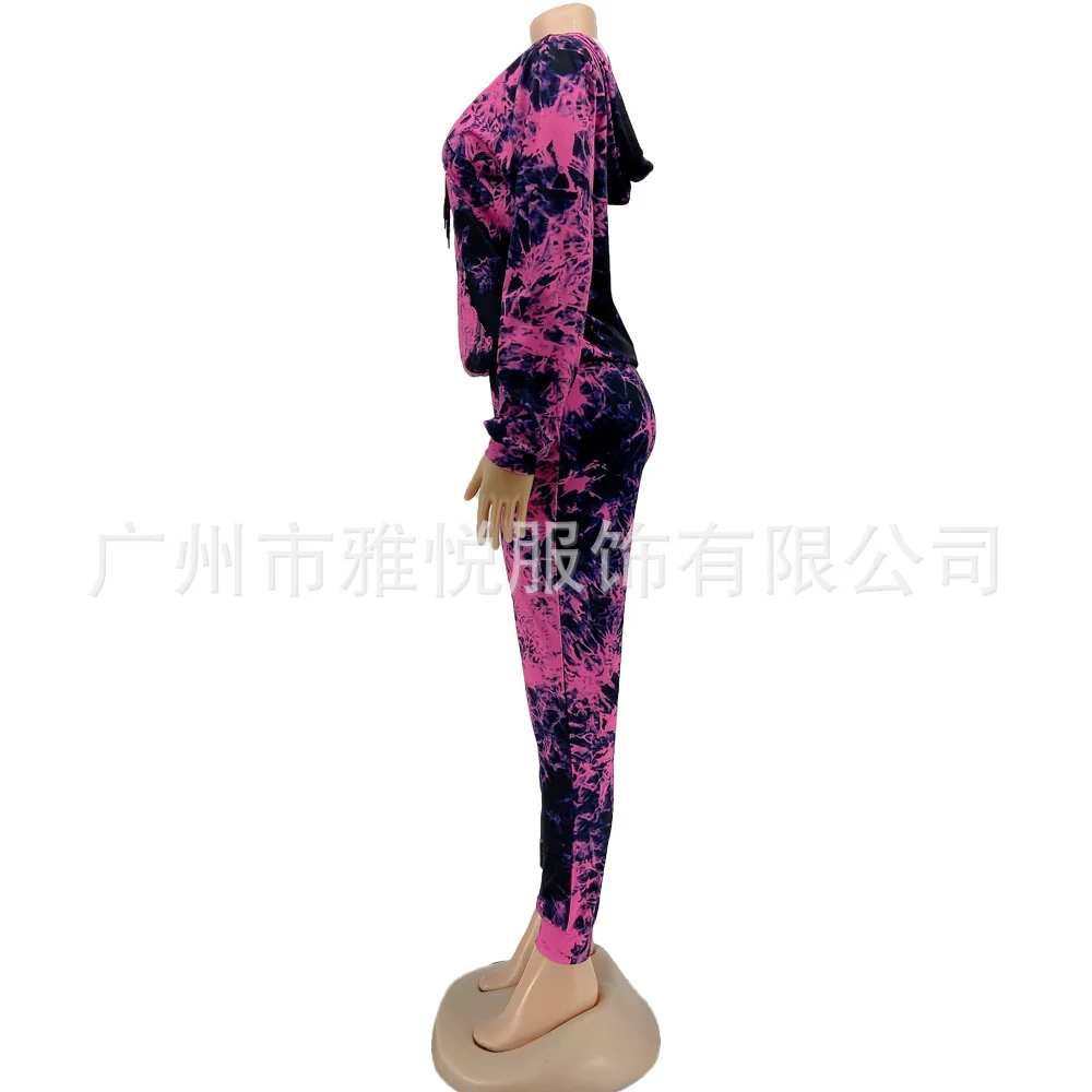 

Kalenmos Tie-dye Printing Two-piece Set Women Jogger Women's Hooded Waist Sweatshirt Trousers Sports Leisure Outfits for Woman