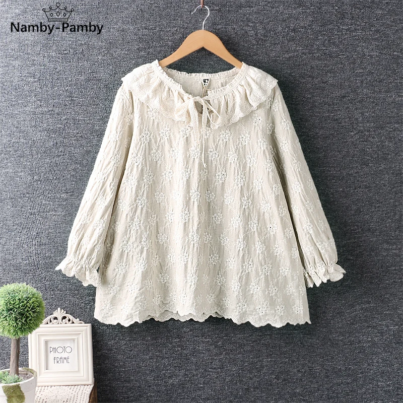 

New Spring women's clothing Japan style sweet embroidery shirt long sleeve tops