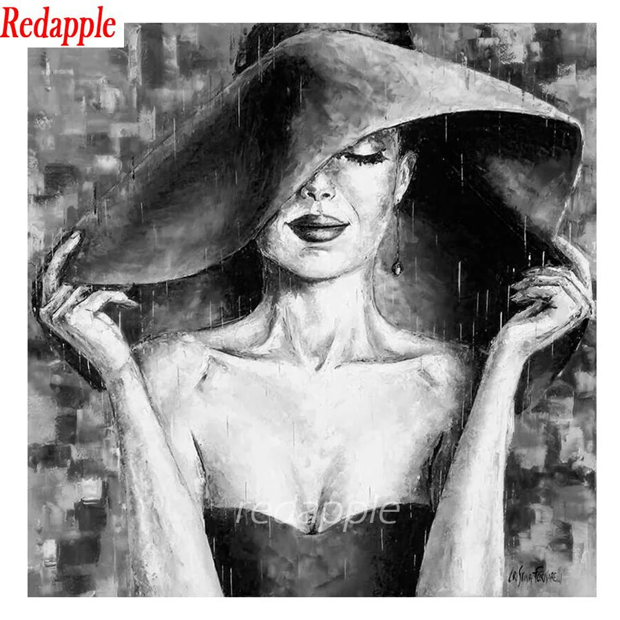 

New Diy diamond painting kits 5D handmake decorative painting cross stitch embroidery beadwork Woman Wearing Hat black white art