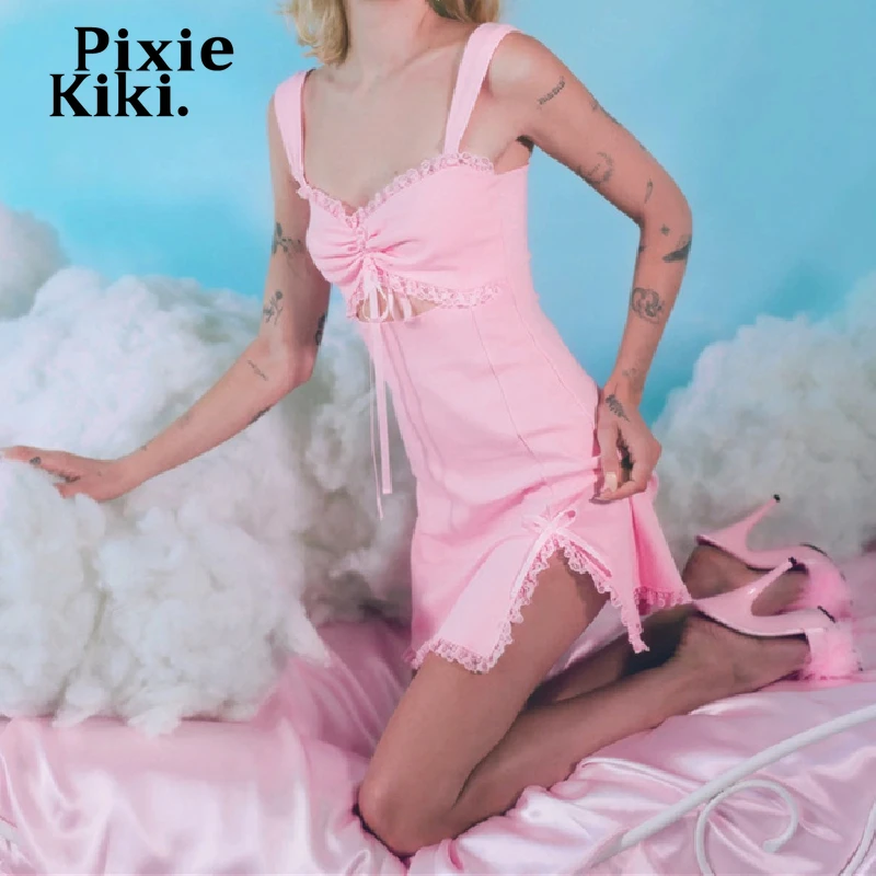 PixieKiki Kawaii розовое мини платье Y2k одежда милое летнее облегающее с бантом и