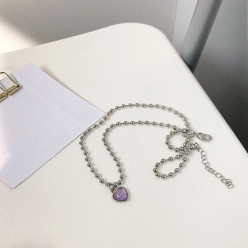 

Charming Purple Crystal Heart-shaped Necklace Exquisite Female Silver Color Round Bead Chain Fashion Wedding Party Jewelry