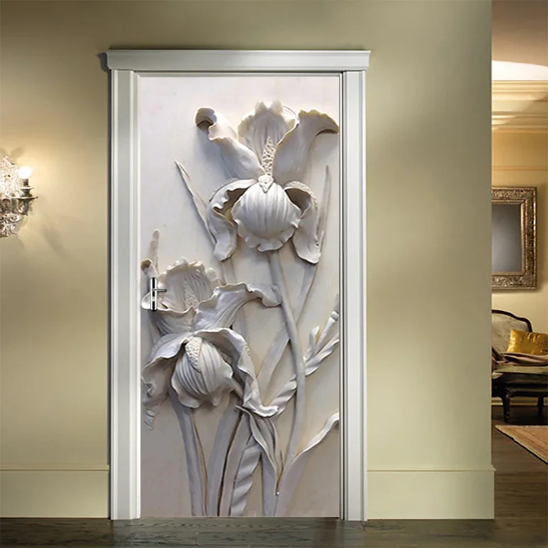 

3D Gypsum Embossed Flowers PVC Door Sticker Self Adhesive Wallpaper On the Doors DIY Renovation Waterproof Poster For Bedroom