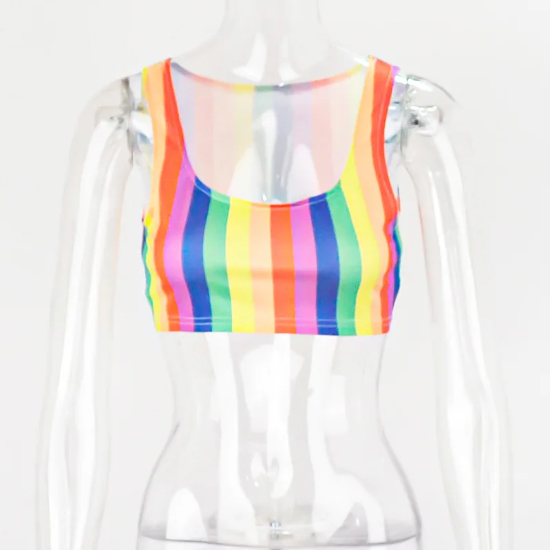 

Summer Rainbow Striped Crop Tops Women 2021 Casual Sleeveless Y2K Tank Tops 90S Vintage Female Streetwear Tee Shirt Femme