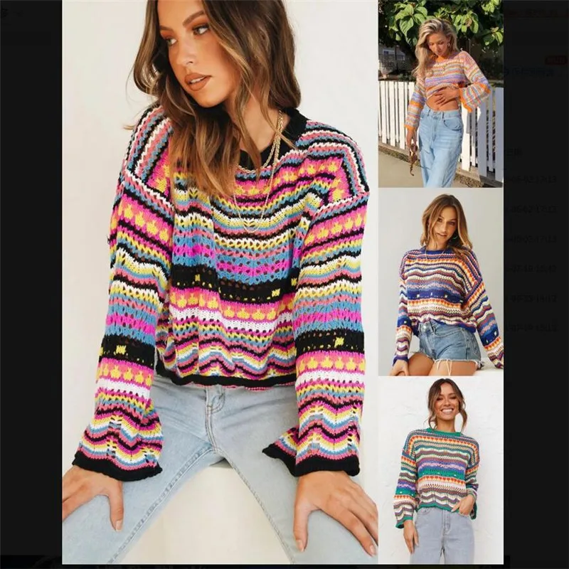 

Женский свитер с длинным рукавом, цветные полосатые Повседневные свитера с круглым вырезом для женщин, вязаные 2021 Модные осенние свободные ...