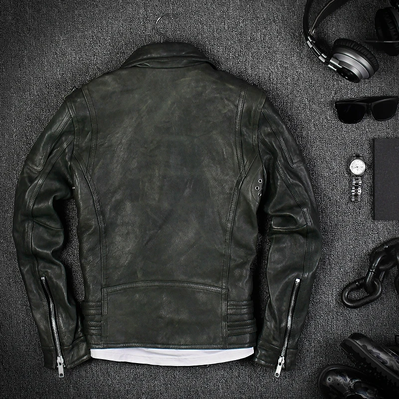 

Red 2020 Men Genuine Leather Motorcycle Jacket Plus Size XXXL Real Sheepskin Diagonal Zipper Leather Biker Coat FREE SHIPPING