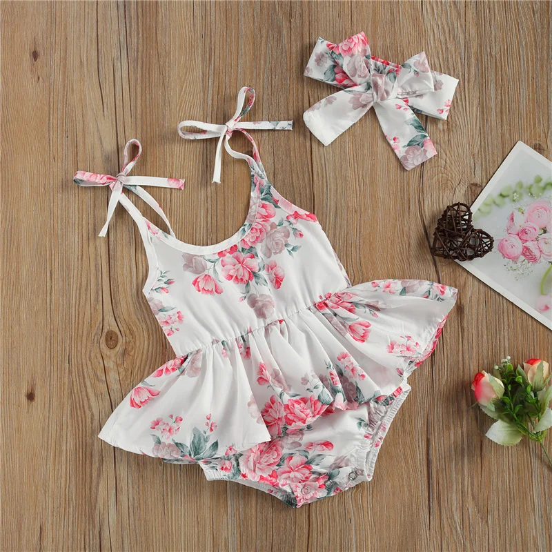 

0-24 Months,2Pcs Baby Summer Outfits, Floral Print Tied Strappy Sling belt Dress Romper + Bow Hairband Suit for Toddlers, Girls