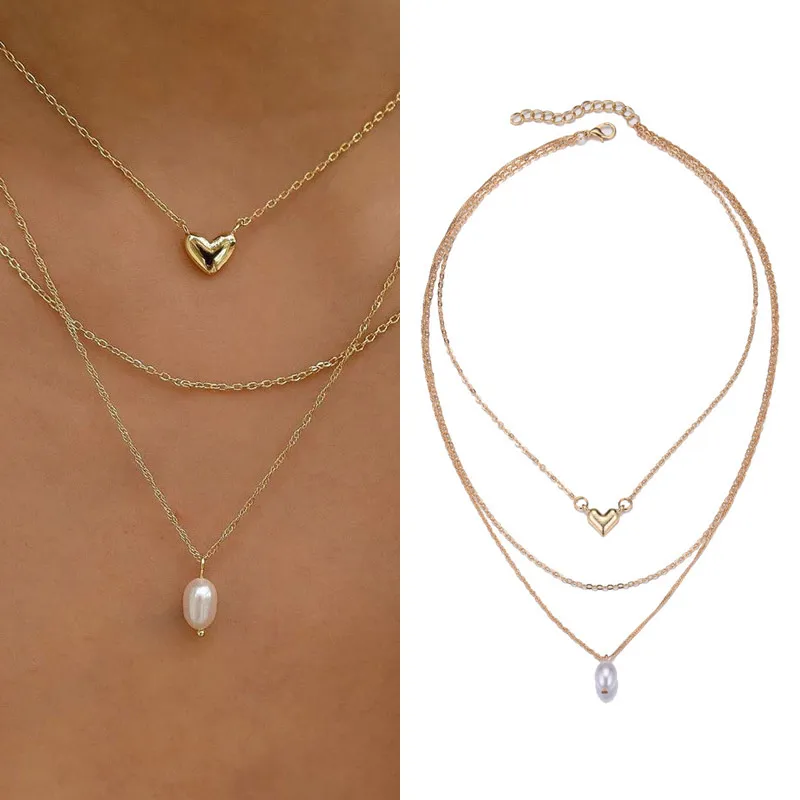 

Love Heart Pearl Pendant Necklaces Multilayer Necklace Gold Color Chain Clavicle Necklaces for Women Bohemian Jewelry Accessorie