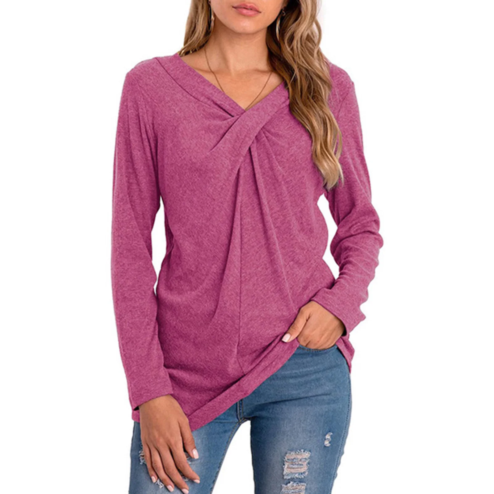 

Solid Color Long Sleeve T-shirt Knotted V-neck Women Casual Tops TT@88