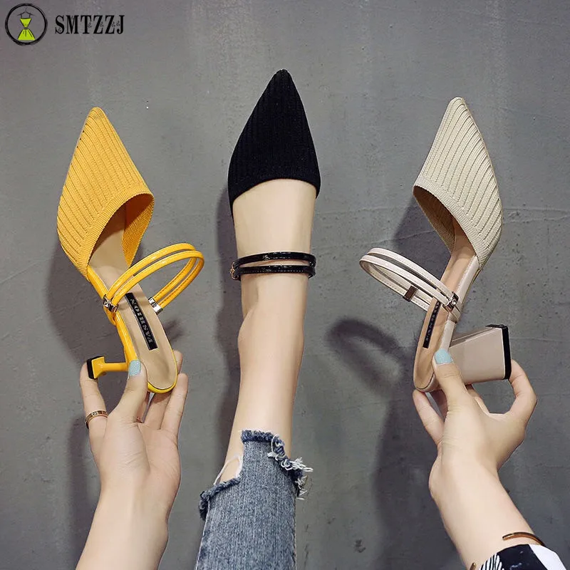 Мюли женские летние без задника туфли лодочки заостренный носок низкий каблук