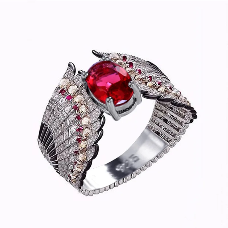 

Luxury Angel Wings Cubic Zirconia Ring Silver Color Engagement Rings for Women Rose Red Crystal Birthstone Ring Accessories