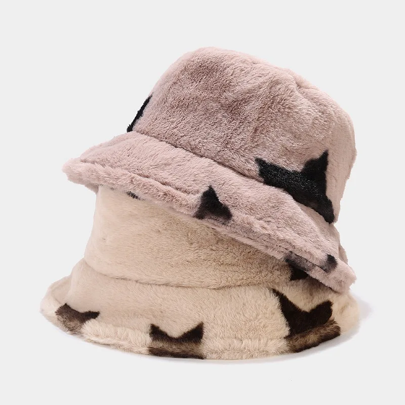 

2021New Outdoor Faux Fur Letter Five-pointed star Pattern Bucket Hats Women Winter Soft Warm