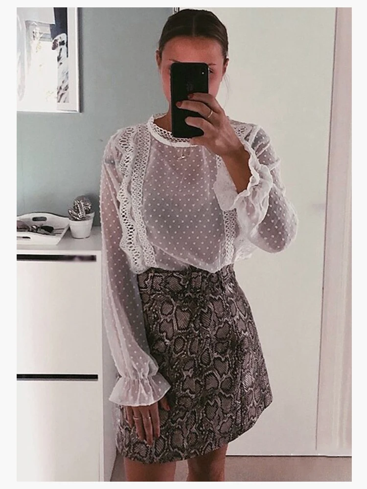 Dotfashion, повседневная, контрастная, кружевная, с оборкой, женская блузка,, осень, с воланами, рукав, блузки, для девушек, белый, швейцарский, в горошек, деталь, Топ