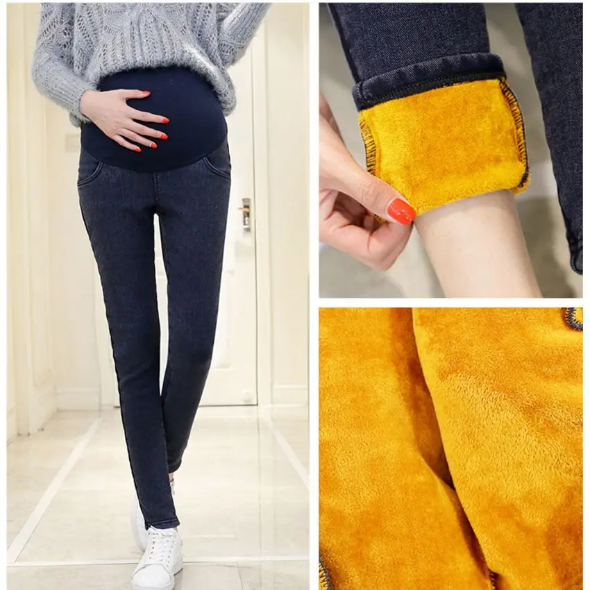 

Теплые плотные джинсовые брюки для беременных Зимние флисовые джинсы для беременных плюс бархатные брюки для беременных