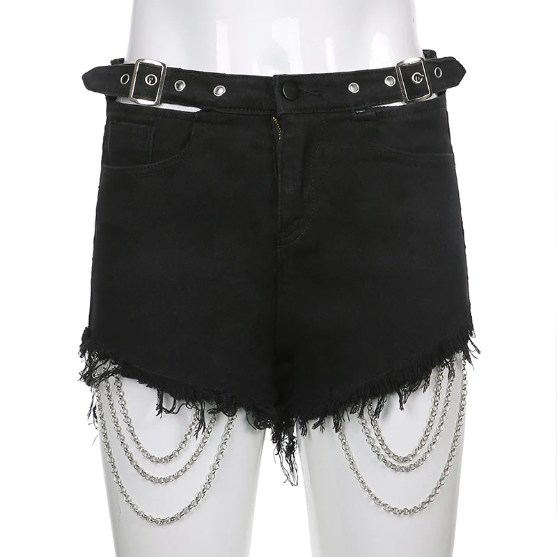 

2021 Summer Black Short Women Chain Hollow High Waist Denim Shorts Ladies Slim Frayed Hot Pants Fashion Wide Leg Jeans Trousers