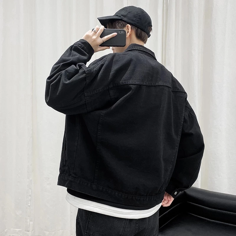 

New Spring autumn men denim jacket Casual Black loose coat Ribbons Pockets Windbreaker Hip Hop Streetwear Retro Bomber Jacket
