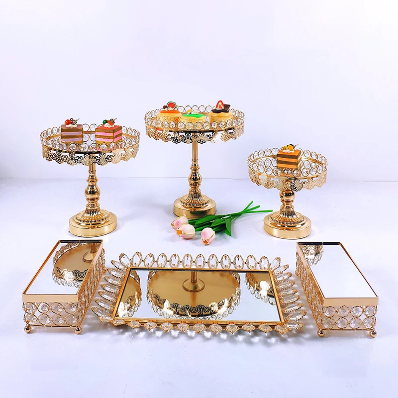 

6pcs Crystal Metal Cake Stand Set Acrylic Mirror Cupcake Decorations Dessert Pedestal Wedding Party Display Tray