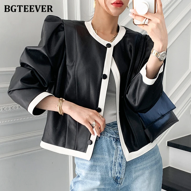 

BGTEEVER Stylish Chic O-neck Women PU Leather Coats Spring Ladies Long Sleeve Single-breasted Faux Leather Short Jackets 2021