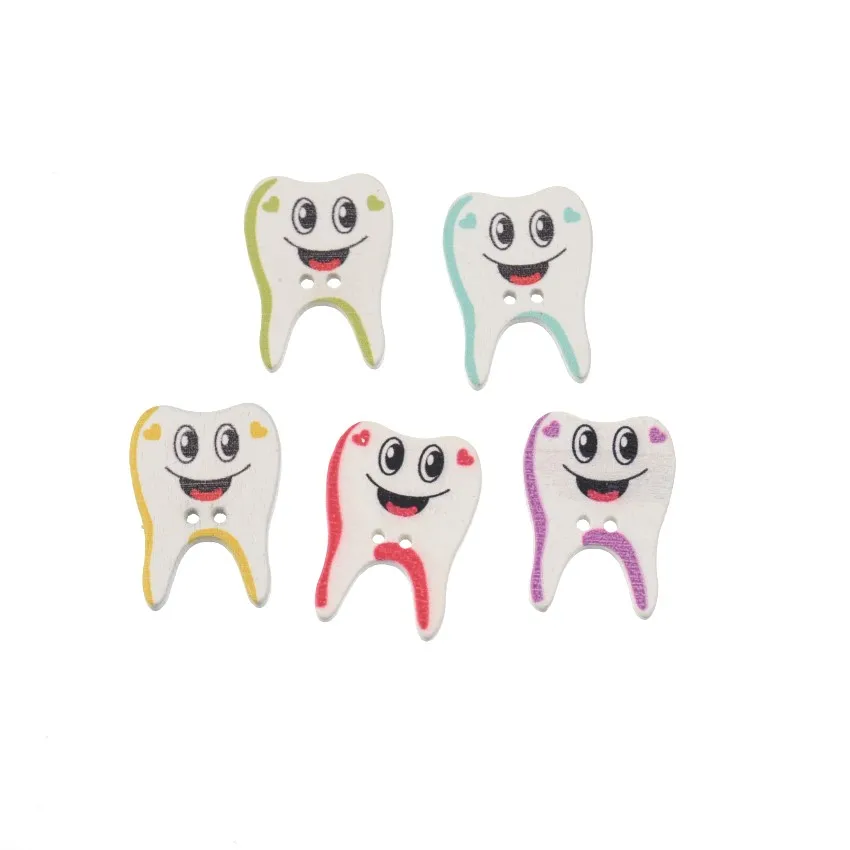 Бесплатная доставка Розничная продажа 10 шт. случайный смешанный 2 отверстия картина мультфильм зуб Woode кнопки для шитья скрапбукинга 26,5x20 мм