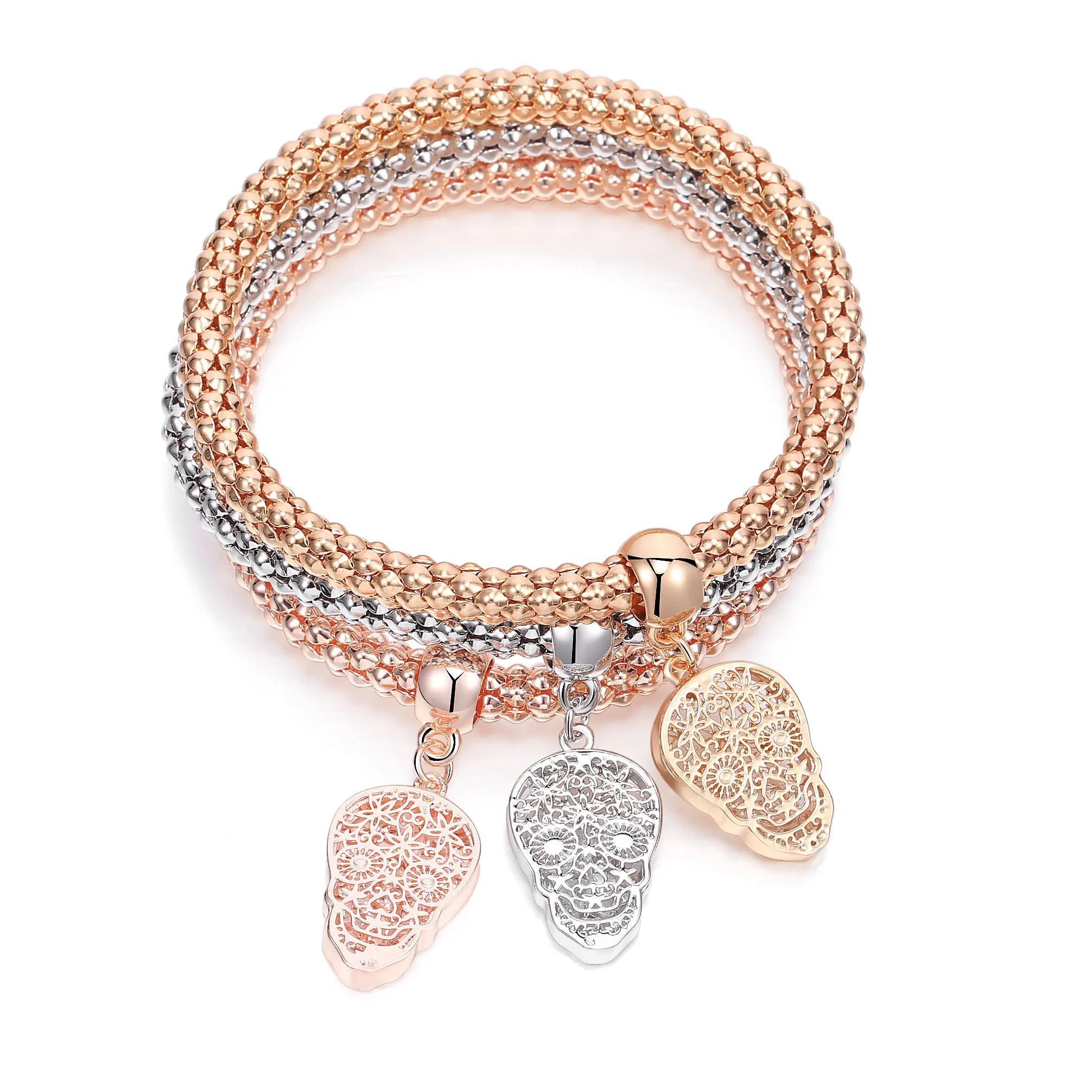 

Mix Color Skull Charm Bracelet 3pcs Adjustable Gold Skeleton Punk Popcorn Chain Bracelets For Women Men Fashion Jewelry Gifts