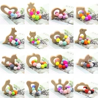 cute animal shaped wooden beech 1pcs baby silicone bracelet silicone beads safety rubber food grade silicone teether gift toys