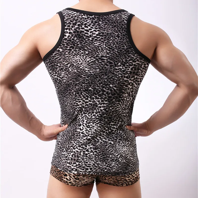 Men's Undershirt Top and Pants Set Slim Fit Men Tops Clothing Bodybuilding Fitness Shirts Tops Breathable Leopard Undershirt