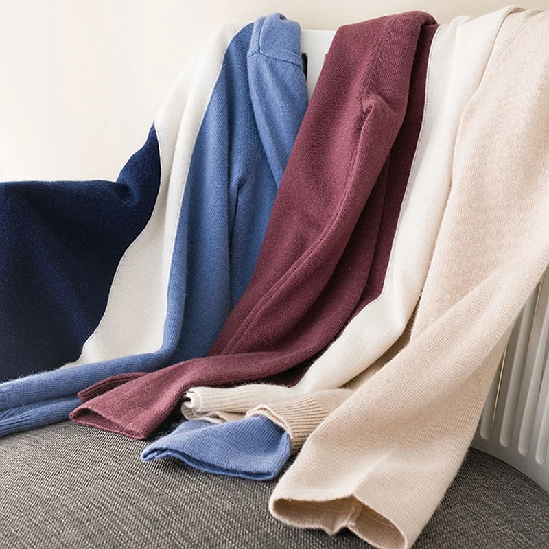 Трикотажные женские пуловеры из смешанной шерсти лоскутные с круглым вырезом и