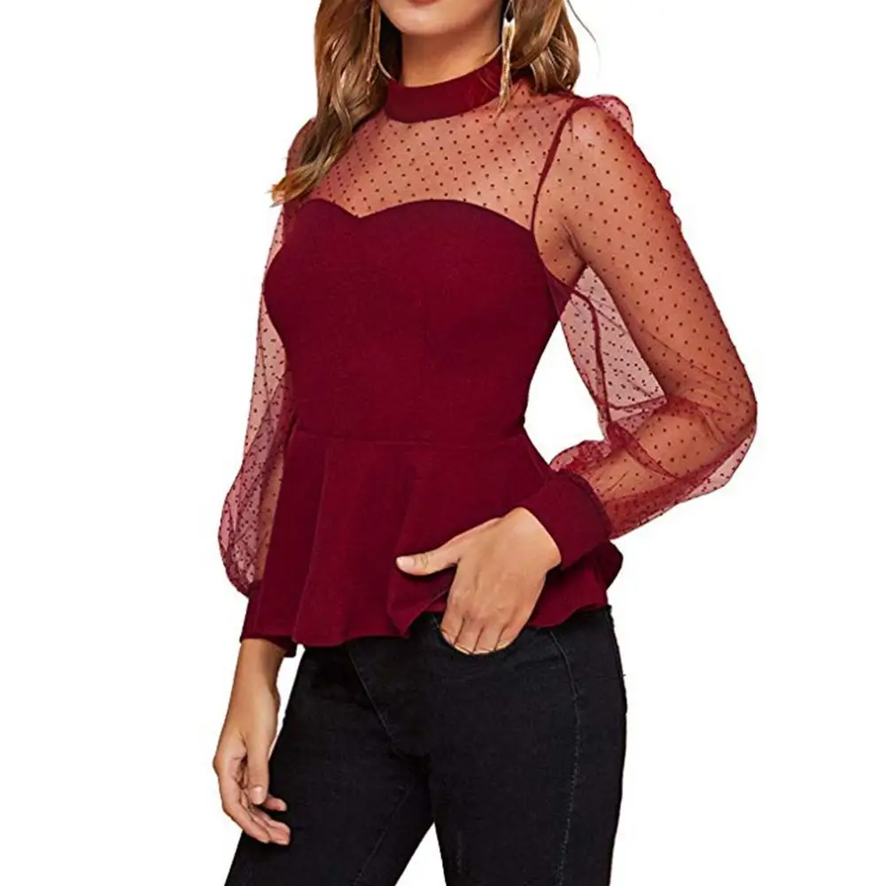 Женская блузка с длинным рукавом в сеточку топ рубашка горошек