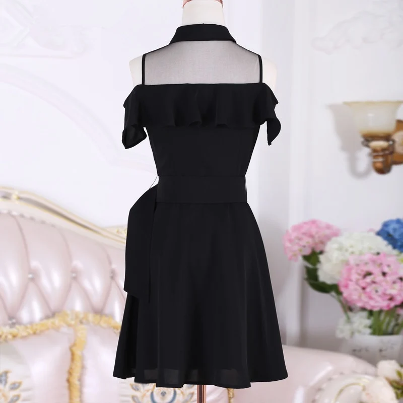 

NEW Korean OL NEW Single Breasted Women Summer Dress Sweet Chic Black office work Short mini Dresses With Belt Vestidos jurken
