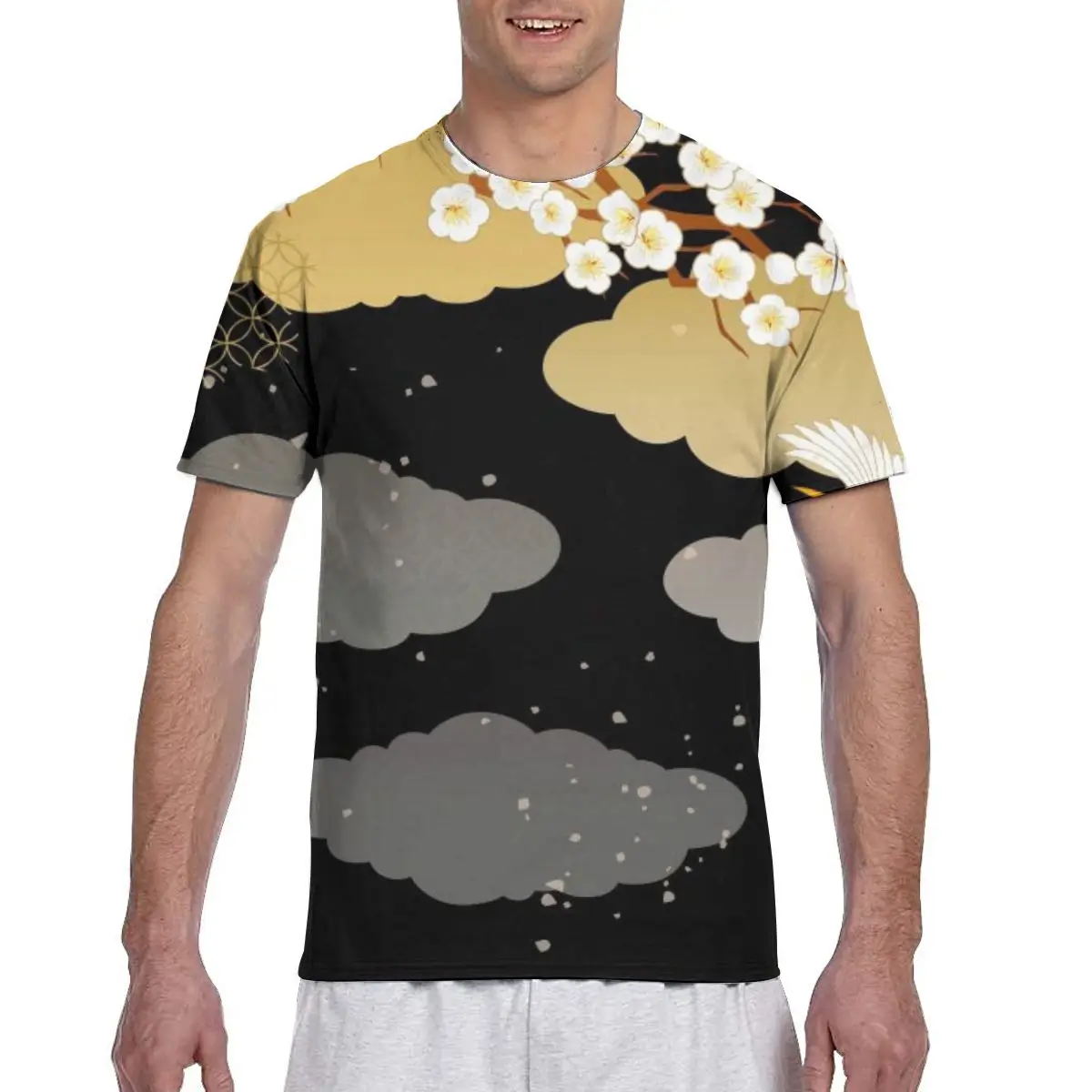 

New Arrive Popular Japanese Crane And Clouds Tshirt Men t-shirt Harajuku Style T shirt Summer Tops