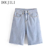 doujili casual wearing shorts high quality zipper pocket denim short jeans loose short pants for women