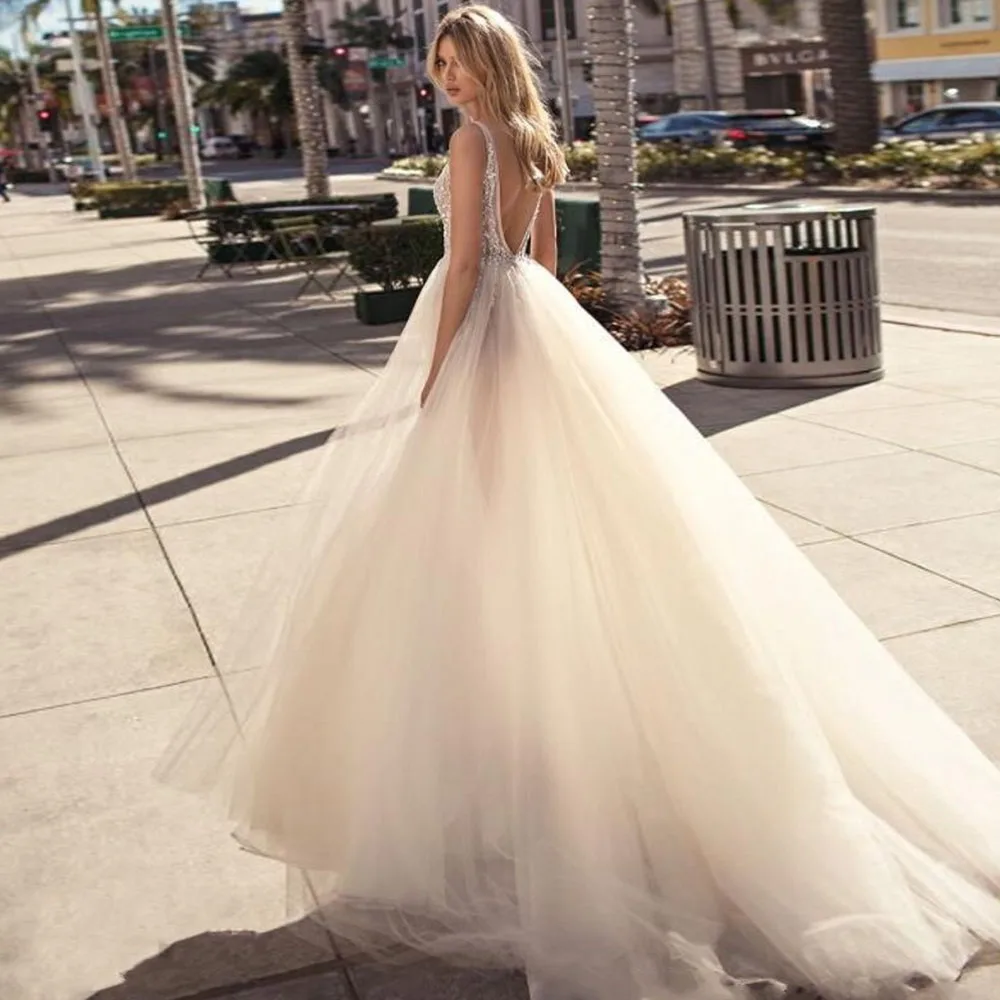 

Charming Tulle Evening Gowns Long 2021 Backless V-Neck High Split Sexy Prom Party Gown Custom Made Special Occasion Dresses Chea