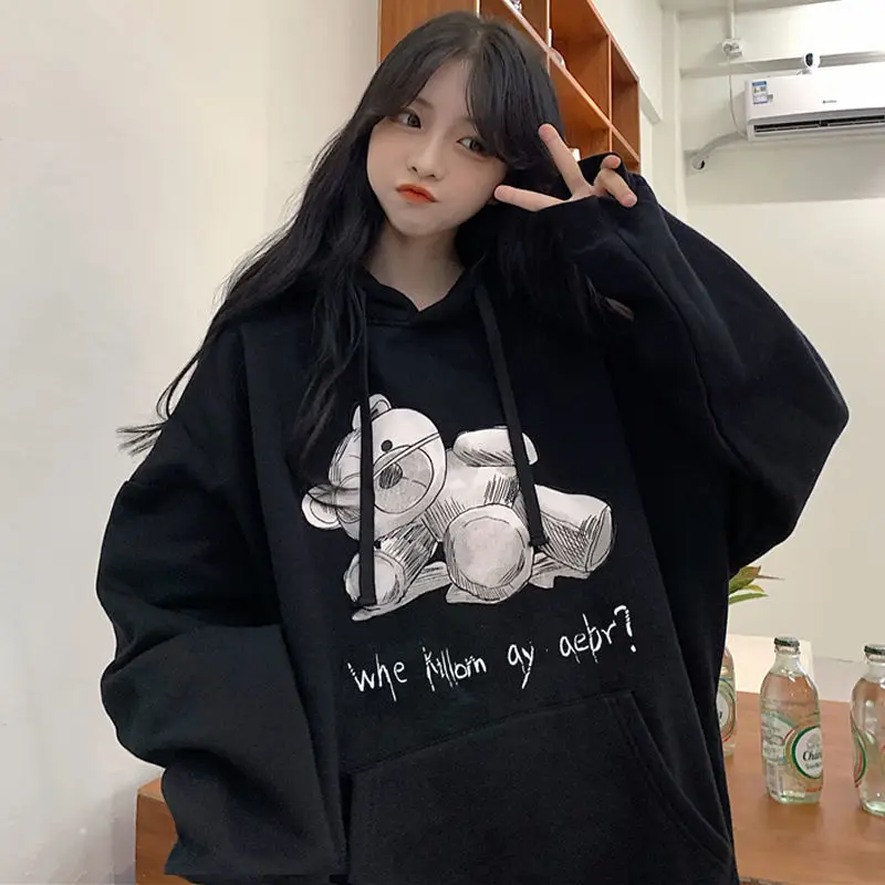 

2021 Fall New Printed Bear Hooded Sweater Korean Fashion Trend Loose Jacket