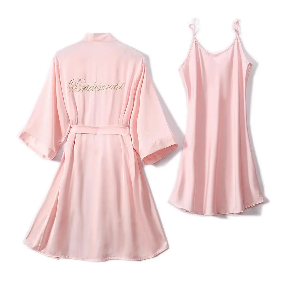 Women Champagne Bride Bridesmaid Wedding Sleepwear 2PCS Kimono Bathrobe Gown Embroidery Casual Nightgown Intimate Lingerie