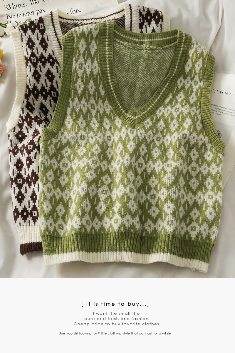 

Korean version of the checkered sleeveless V-neck pullover sweater vest women's autumn 2021 retro wild thin top vest