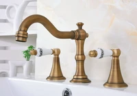 vintage retro antique brass deck mounted dual handles widespread bathroom 3 holes basin faucet mixer water taps man085