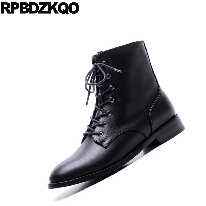 Женские ботильоны на меху черные повседневные ботинки с круглым носком шнуровке