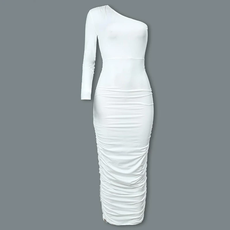 

Women Elegant Fashion Sexy White Cocktail Party Slim Fit Dresses One Shoulder Belted Ruched Design Bodycon Midi Dress