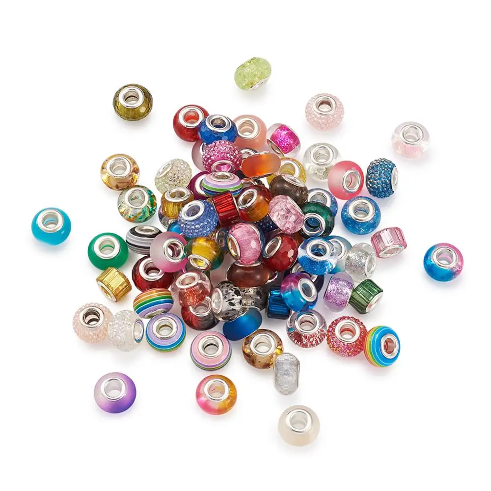 

100pcs Resin European Beads with Silver Color Brass Cores Mixed Color Large Hole Beads For DIY Bracelet Jewelry Making 72x65mm