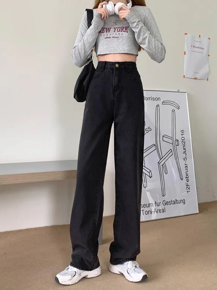 

Black Straight Tube Wide Leg Jeans Women's 2021 New Pants Spring and Autumn High Waist Loose Mop Daddy Pants