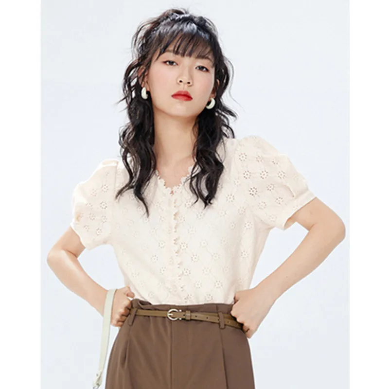 

mall's same Shopping sfl2021 new spring and summer V-neck slim cut-out Chiffon Shirt Short Sleeve Top Female 7c4220261