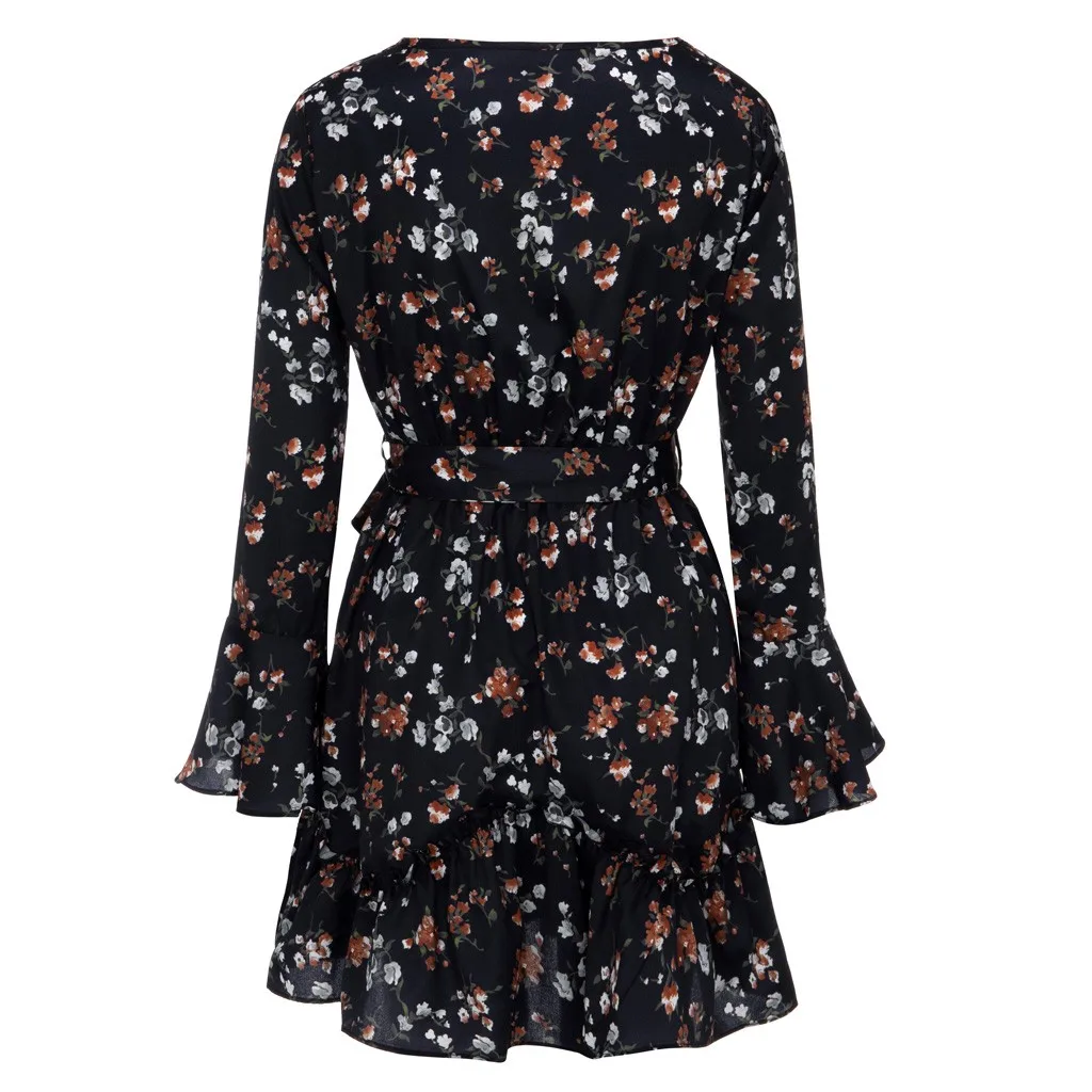 Женское зимнее платье в горошек с длинным рукавом и V образным вырезом|Женские