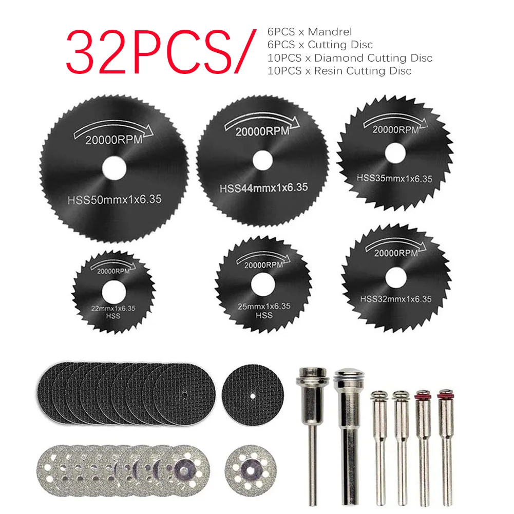 

32pcs Replacement Parts With Mandrel Woodworking For Dremel Rotary Tool Shaping Diamond Metal Wood Cut Saw Blades Cutting Disc