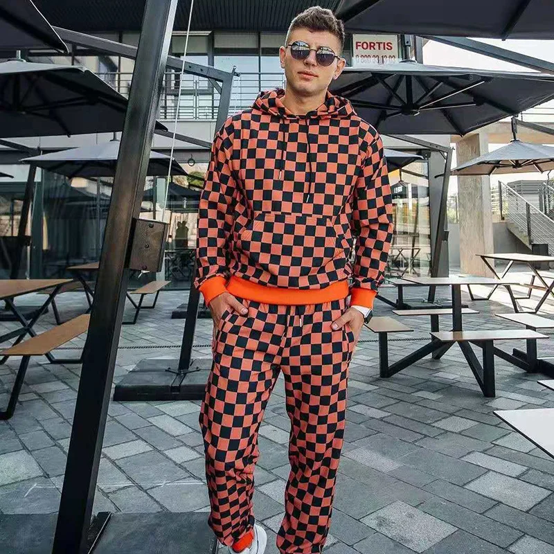 

New Autumn Trendy Brand Fashion 3D Printing Checkered Hawaiian Jacket Men's Zipper Suit Outdoor Fitness Running Suit