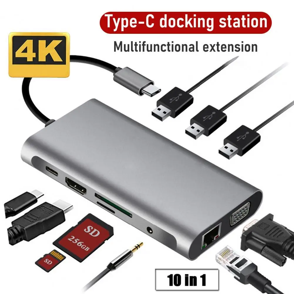 

New Type-C Hub Docking Station 10 in 1 Multifunction USB 3.0 Type-C to RJ45 HDMI-compatible VGA PD USB TF Micro-SD for U Disk