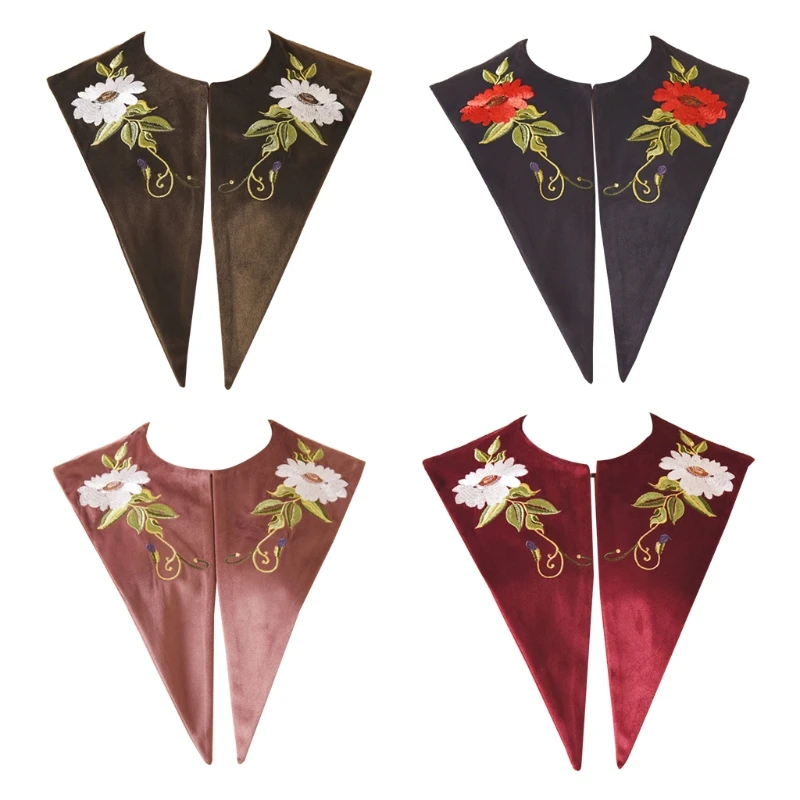 

Women Chiffon Detachable Half Shirt Blouse Velvet Floral Embroidery Lapel False Collar Shawl Decorative Dickey